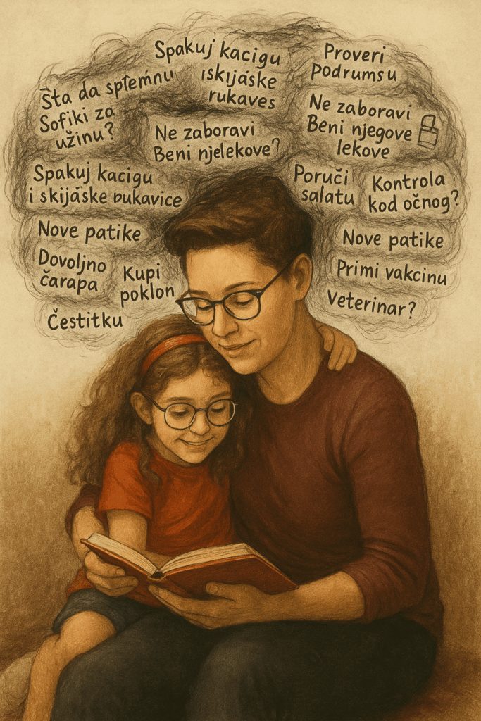 Ilustracija: mama i ćerka čitaju knjigu, a oko mamine glave lebde misli o obavezama