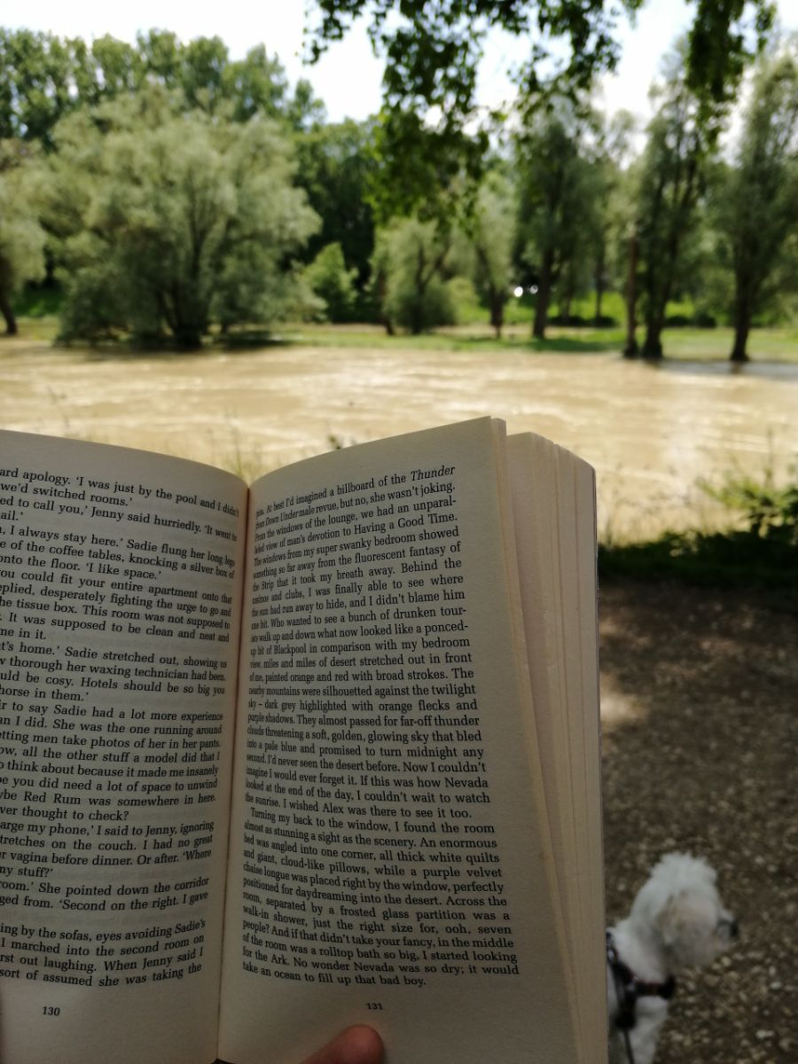 Ein aufgeschlagenes Buch am Fluss, daneben Hund Beni
